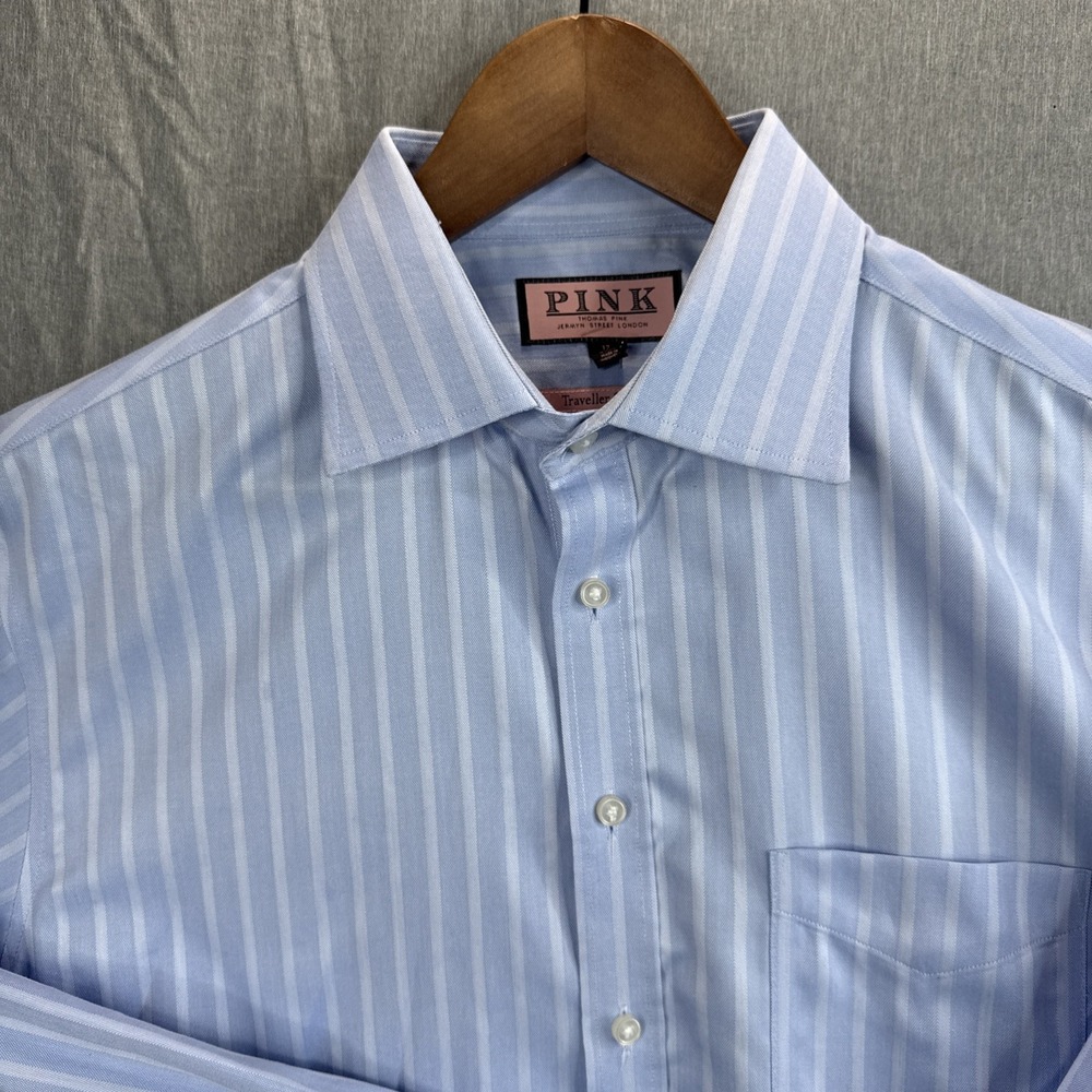 Thomas Pink Blue Stripe Dress Shirt Traveller Slim Fit 17/43 Button Up Cotton